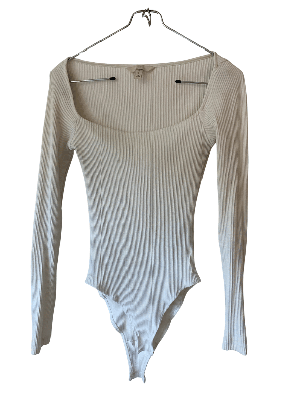 H&M Cream Ribbed Square Neck Long Sleeve Bodysuit, Size 6