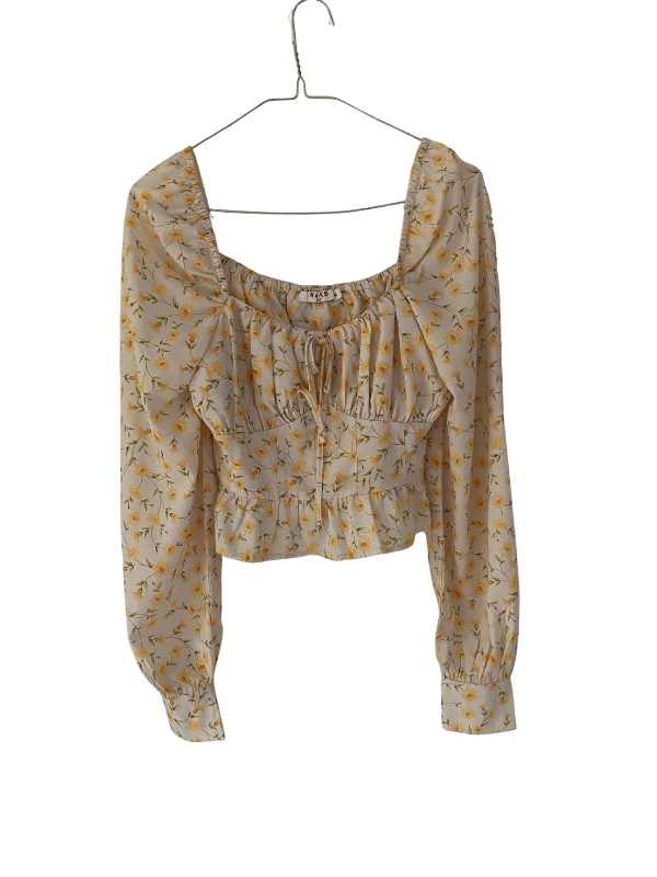 NA-KD Yellow Floral Ruched Crop Blouse