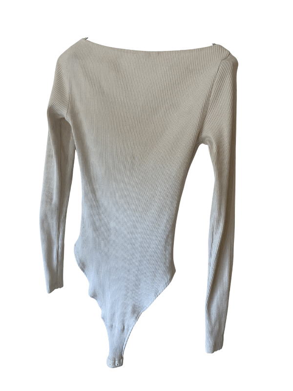 H&M Cream Ribbed Square Neck Long Sleeve Bodysuit, Size 6