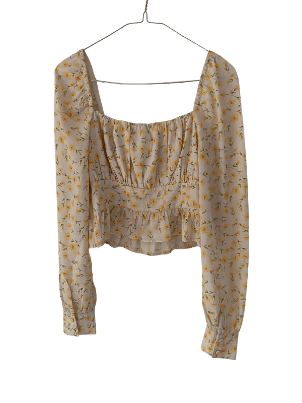 NA-KD Yellow Floral Ruched Crop Blouse